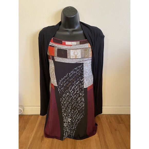 Aventures Des Toiles Black Embroidered Long Stretch Artsy Shirt Top size 40 M - Picture 1 of 8
